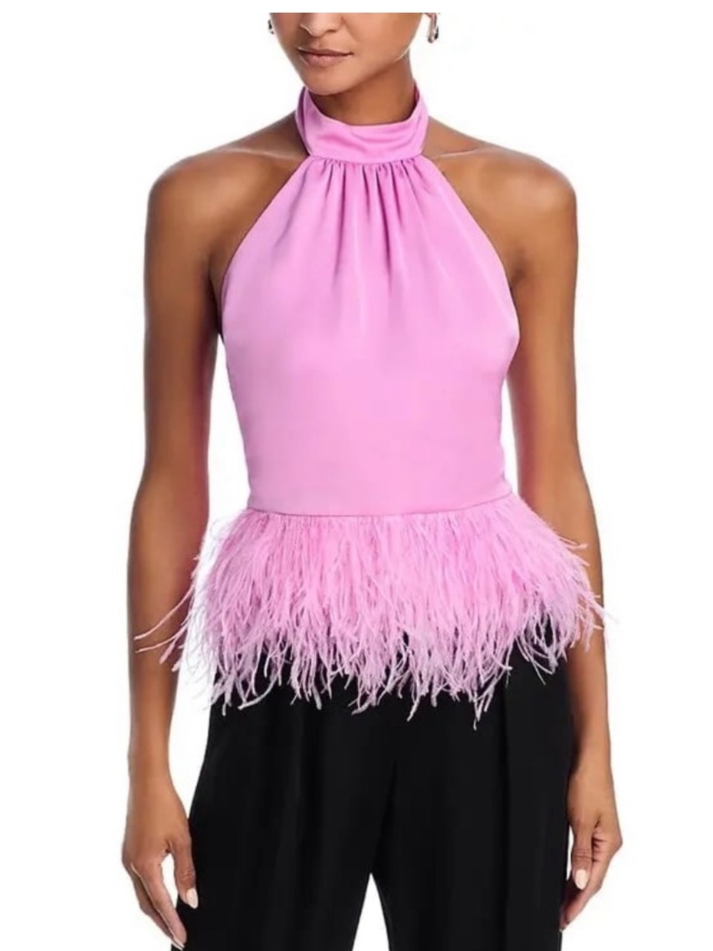 Ramy Brook Pink Backless Halter Top with Feather Trim